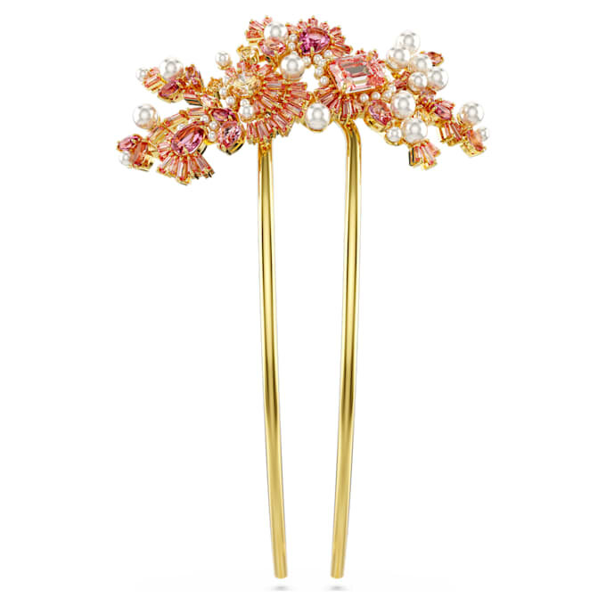 Agrafă de păr Gema cu perle de cristal, tăieturi mixte, floare, roz, placată cu aur Agrafă de păr Gema cu perle de cristal, tăieturi mixte, floare, roz, placată cu aur