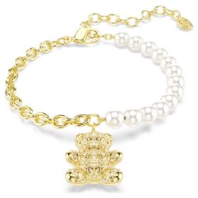 Brățară Idyllia cu perle de cristal, tăietură rotundă, ursuleț, nuanță aurie, placată cu aur Brățară Idyllia cu perle de cristal, tăietură rotundă, ursuleț, nuanță aurie, placată cu aur