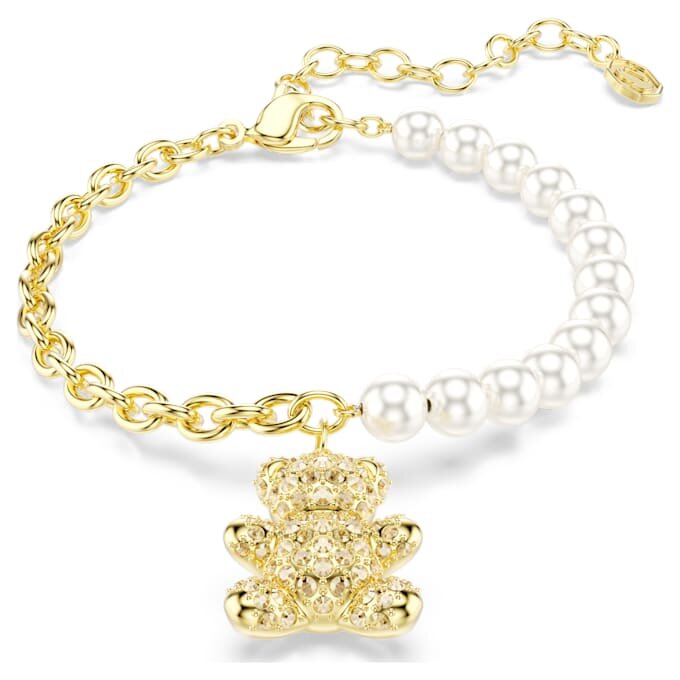 Brățară Idyllia cu perle de cristal, tăietură rotundă, ursuleț, nuanță aurie, placată cu aur Brățară Idyllia cu perle de cristal, tăietură rotundă, ursuleț, nuanță aurie, placată cu aur
