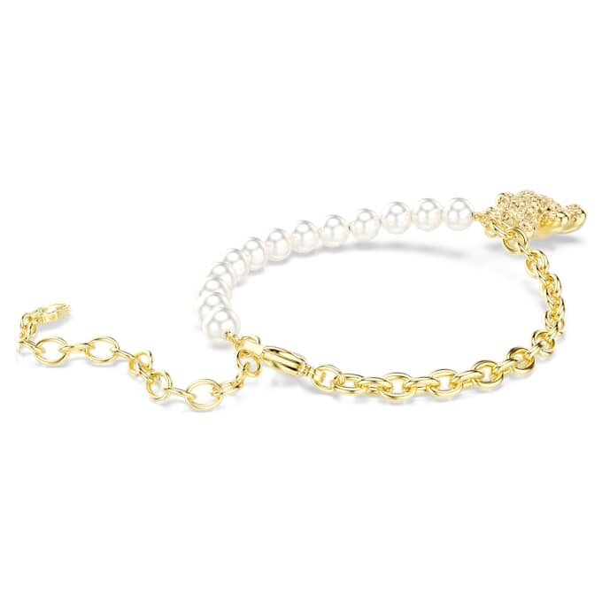 Brățară Idyllia cu perle de cristal, tăietură rotundă, ursuleț, nuanță aurie, placată cu aur Brățară Idyllia cu perle de cristal, tăietură rotundă, ursuleț, nuanță aurie, placată cu aur
