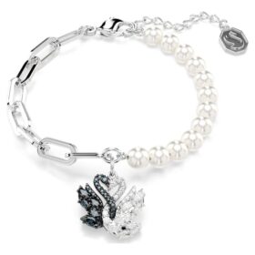 Brățară „Lebădă” cu perle de cristal, lebădă, negru, finisaj din metale mixte Brățară „Lebădă” cu perle de cristal, lebădă, negru, finisaj din metale mixte