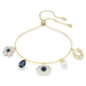 Brățară Symbolica cu perle de cristal, trifoi, ochiul rău și potcoavă, albastră, placată cu aur