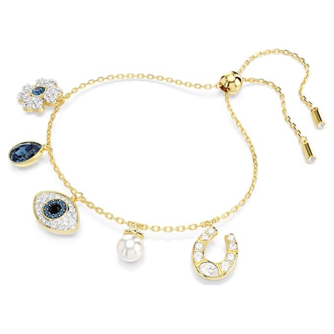 Brățară Symbolica cu perle de cristal, trifoi, ochiul rău și potcoavă, albastră, placată cu aur Brățară Symbolica cu perle de cristal, trifoi, ochiul rău și potcoavă, albastră, placată cu aur