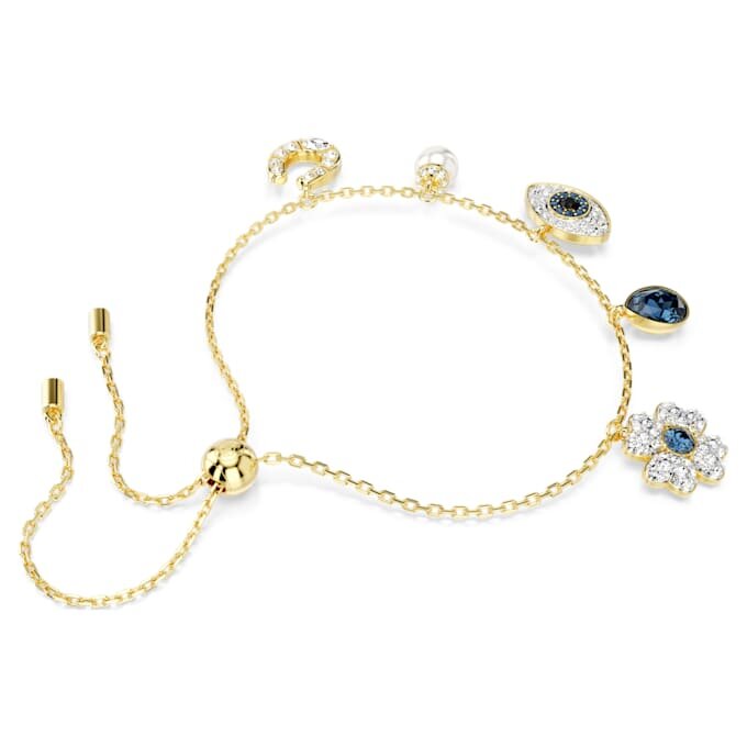 Brățară Symbolica cu perle de cristal, trifoi, ochiul rău și potcoavă, albastră, placată cu aur Brățară Symbolica cu perle de cristal, trifoi, ochiul rău și potcoavă, albastră, placată cu aur