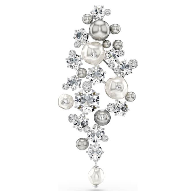 Broșă Constella cu perle de cristal, tăietură rotundă, albă, placată cu rodiu Broșă Constella cu perle de cristal, tăietură rotundă, albă, placată cu rodiu