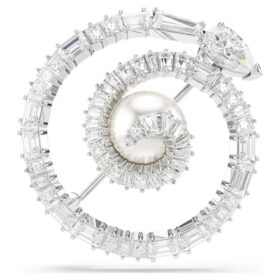 Broșă în formă de șarpe cu perle de cristal, tăieturi mixte, Anul Șarpelui, alb, placată cu rodiu