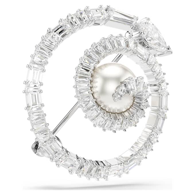 Broșă în formă de șarpe cu perle de cristal, tăieturi mixte, Anul Șarpelui, alb, placată cu rodiu Broșă în formă de șarpe cu perle de cristal, tăieturi mixte, Anul Șarpelui, alb, placată cu rodiu
