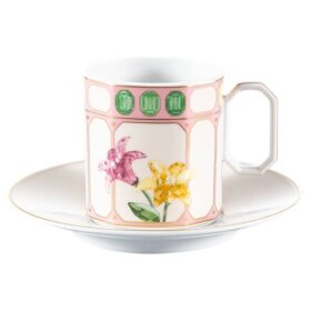 Ceașcă de cafea Idyllia cu farfurioară, din porțelan, cu motiv imprimat cu cristale, flori, multicolor