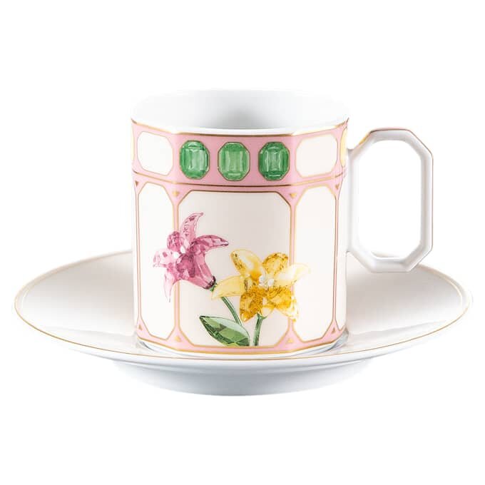 Ceașcă de cafea Idyllia cu farfurioară, din porțelan, cu motiv imprimat cu cristale, flori, multicolor Ceașcă de cafea Idyllia cu farfurioară, din porțelan, cu motiv imprimat cu cristale, flori, multicolor