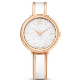 Ceas cu brățară tip bangle Crystalline, fabricat în Elveția, brățară metalică, alb, finisaj aur roz