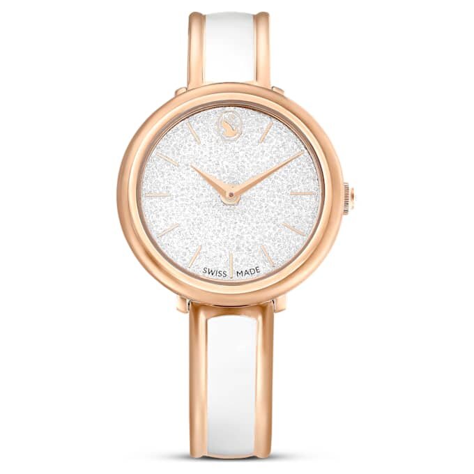 Ceas cu brățară tip bangle Crystalline, fabricat în Elveția, brățară metalică, alb, finisaj aur roz Ceas cu brățară tip bangle Crystalline, fabricat în Elveția, brățară metalică, alb, finisaj aur roz