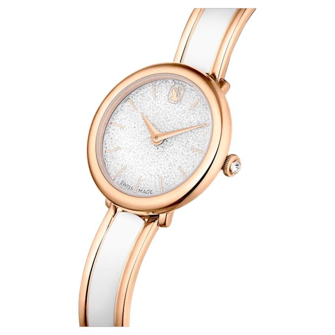 Ceas cu brățară tip bangle Crystalline, fabricat în Elveția, brățară metalică, alb, finisaj aur roz Ceas cu brățară tip bangle Crystalline, fabricat în Elveția, brățară metalică, alb, finisaj aur roz