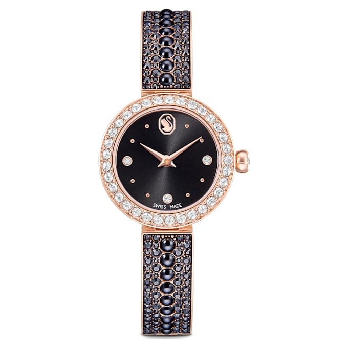 Ceas cu brățară tip brățară Matrix Pearl, fabricat în Elveția, brățară cu cristale, negru, finisaj aur roz Ceas cu brățară tip brățară Matrix Pearl, fabricat în Elveția, brățară cu cristale, negru, finisaj aur roz