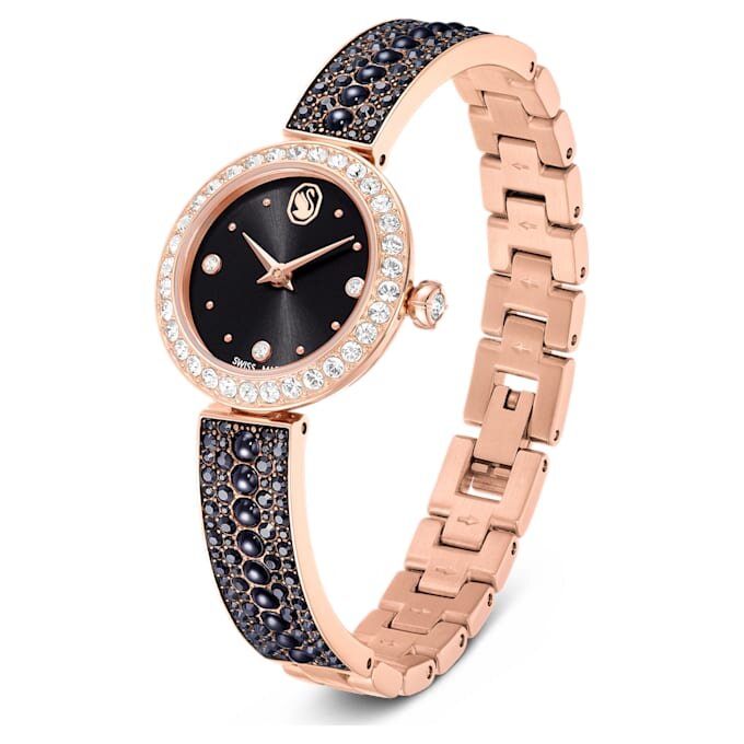 Ceas cu brățară tip brățară Matrix Pearl, fabricat în Elveția, brățară cu cristale, negru, finisaj aur roz Ceas cu brățară tip brățară Matrix Pearl, fabricat în Elveția, brățară cu cristale, negru, finisaj aur roz