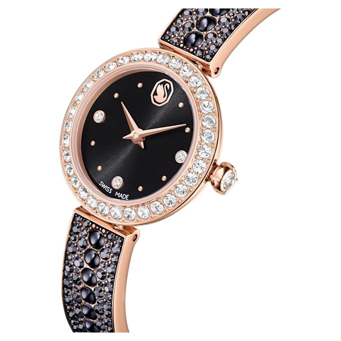 Ceas cu brățară tip brățară Matrix Pearl, fabricat în Elveția, brățară cu cristale, negru, finisaj aur roz Ceas cu brățară tip brățară Matrix Pearl, fabricat în Elveția, brățară cu cristale, negru, finisaj aur roz