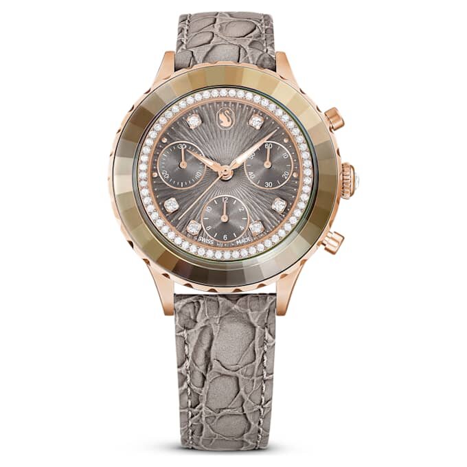 Ceas Octea Chrono fabricat în Elveția, curea din piele, gri, finisaj auriu roz Ceas Octea Chrono fabricat în Elveția, curea din piele, gri, finisaj auriu roz