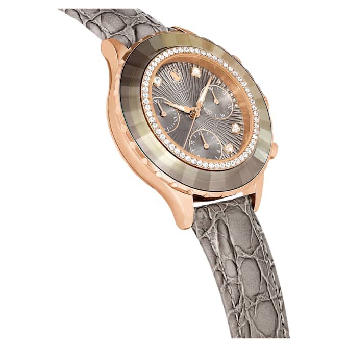 Ceas Octea Chrono fabricat în Elveția, curea din piele, gri, finisaj auriu roz Ceas Octea Chrono fabricat în Elveția, curea din piele, gri, finisaj auriu roz