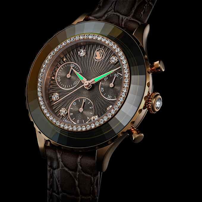 Ceas Octea Chrono fabricat în Elveția, curea din piele, gri, finisaj auriu roz Ceas Octea Chrono fabricat în Elveția, curea din piele, gri, finisaj auriu roz