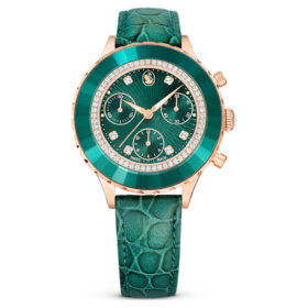 Ceas Octea Chrono fabricat în Elveția, curea din piele, verde, finisaj aur roz