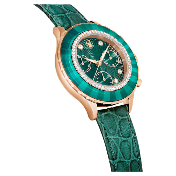 Ceas Octea Chrono fabricat în Elveția, curea din piele, verde, finisaj aur roz Ceas Octea Chrono fabricat în Elveția, curea din piele, verde, finisaj aur roz