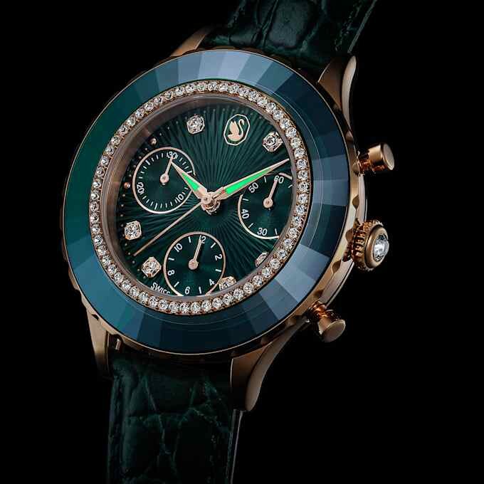 Ceas Octea Chrono fabricat în Elveția, curea din piele, verde, finisaj aur roz Ceas Octea Chrono fabricat în Elveția, curea din piele, verde, finisaj aur roz