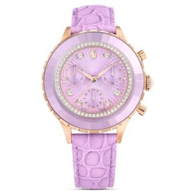 Ceas Octea Chrono fabricat în Elveția, curea din piele, violet, finisaj aur roz