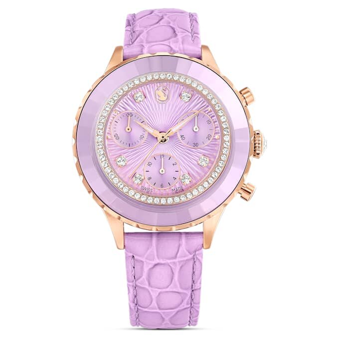 Ceas Octea Chrono fabricat în Elveția, curea din piele, violet, finisaj aur roz Ceas Octea Chrono fabricat în Elveția, curea din piele, violet, finisaj aur roz