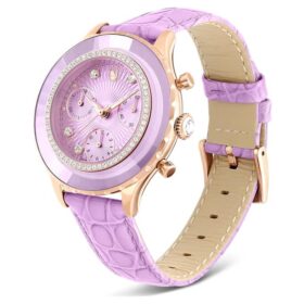 Ceas Octea Chrono fabricat în Elveția, curea din piele, violet, finisaj aur roz