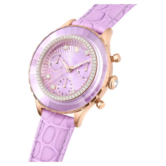 Ceas Octea Chrono fabricat în Elveția, curea din piele, violet, finisaj aur roz Ceas Octea Chrono fabricat în Elveția, curea din piele, violet, finisaj aur roz