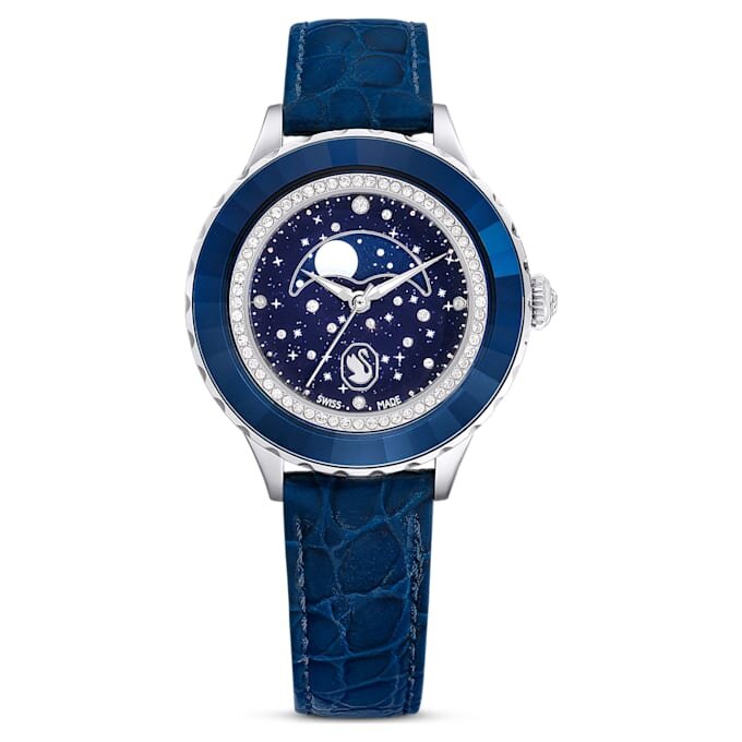 Ceas Octea Moon fabricat în Elveția, Lună, curea din piele, albastru, oțel inoxidabil Ceas Octea Moon fabricat în Elveția, Lună, curea din piele, albastru, oțel inoxidabil