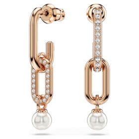 Cercei Constella Drop cu perle de cristal, tăietură rotundă, albi, placati cu aur roz
