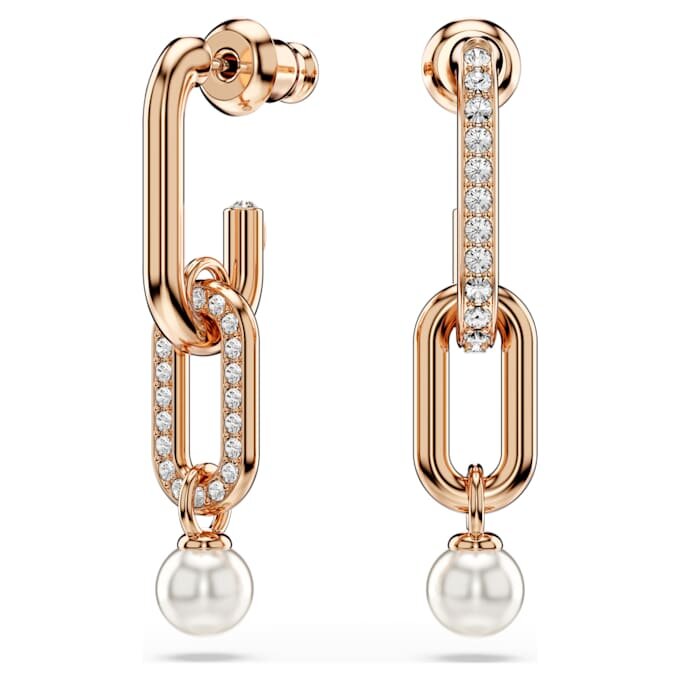 Cercei Constella Drop cu perle de cristal, tăietură rotundă, albi, placati cu aur roz Cercei Constella Drop cu perle de cristal, tăietură rotundă, albi, placati cu aur roz