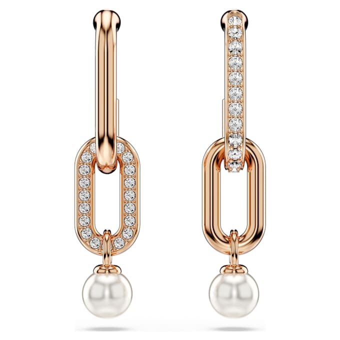 Cercei Constella Drop cu perle de cristal, tăietură rotundă, albi, placati cu aur roz Cercei Constella Drop cu perle de cristal, tăietură rotundă, albi, placati cu aur roz