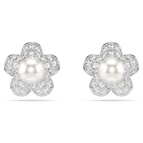 Cercei cu capse Ariana Grande X Swarovski cu perle de cristal, tăietură rotundă, formă de floare, albi, placat cu rodiu