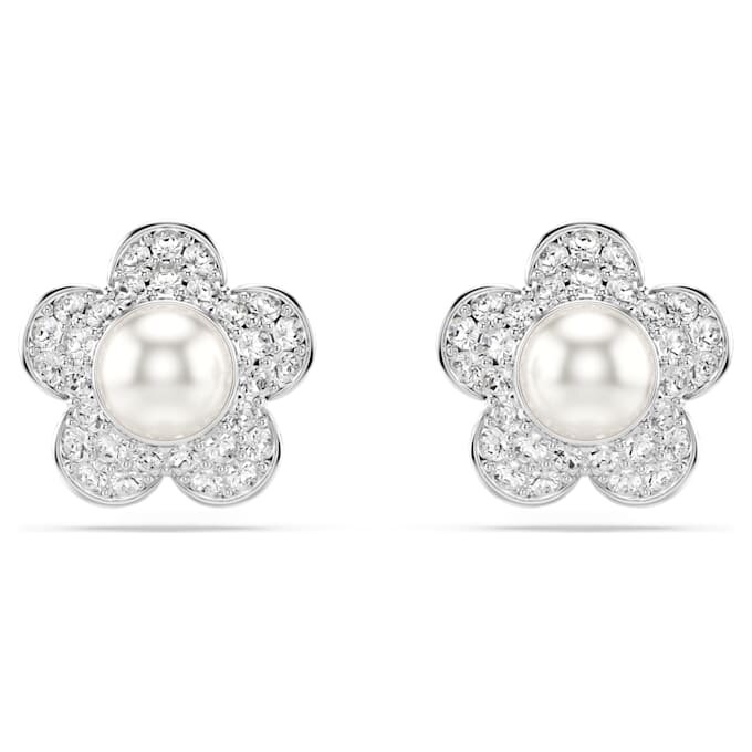 Cercei cu capse Ariana Grande X Swarovski cu perle de cristal, tăietură rotundă, formă de floare, albi, placat cu rodiu Cercei cu capse Ariana Grande X Swarovski cu perle de cristal, tăietură rotundă, formă de floare, albi, placat cu rodiu