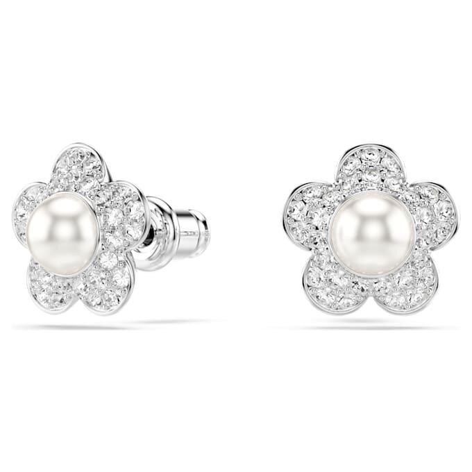 Cercei cu capse Ariana Grande X Swarovski cu perle de cristal, tăietură rotundă, formă de floare, albi, placat cu rodiu Cercei cu capse Ariana Grande X Swarovski cu perle de cristal, tăietură rotundă, formă de floare, albi, placat cu rodiu