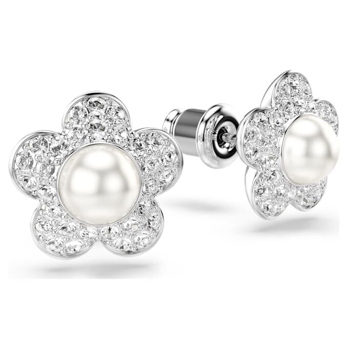 Cercei cu capse Ariana Grande X Swarovski cu perle de cristal, tăietură rotundă, formă de floare, albi, placat cu rodiu Cercei cu capse Ariana Grande X Swarovski cu perle de cristal, tăietură rotundă, formă de floare, albi, placat cu rodiu