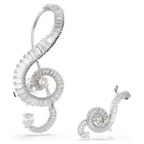 Cercei cu clemă Ariana Grande X Swarovski, design asimetric, perle de cristal, tăietură baguette, albi, placare cu rodiu