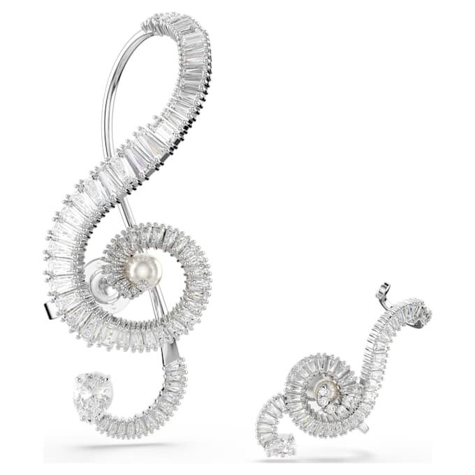 Cercei cu clemă Ariana Grande X Swarovski, design asimetric, perle de cristal, tăietură baguette, albi, placare cu rodiu Cercei cu clemă Ariana Grande X Swarovski, design asimetric, perle de cristal, tăietură baguette, albi, placare cu rodiu