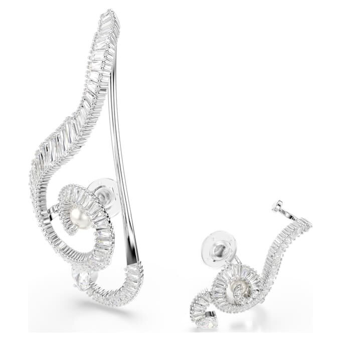 Cercei cu clemă Ariana Grande X Swarovski, design asimetric, perle de cristal, tăietură baguette, albi, placare cu rodiu Cercei cu clemă Ariana Grande X Swarovski, design asimetric, perle de cristal, tăietură baguette, albi, placare cu rodiu