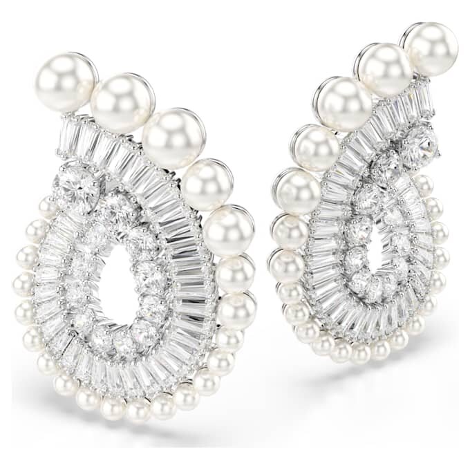 Cercei cu pandantiv Ariana Grande X Swarovski cu perle de cristal, tăieturi mixte, albi, placare cu rodiu Cercei cu pandantiv Ariana Grande X Swarovski cu perle de cristal, tăieturi mixte, albi, placare cu rodiu