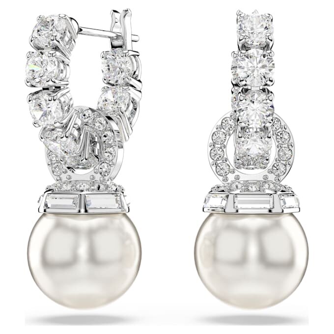 Cercei cu picătură Matrix cu perle de cristal, tăietură rotundă, albi, placati cu rodiu Cercei cu picătură Matrix cu perle de cristal, tăietură rotundă, albi, placati cu rodiu