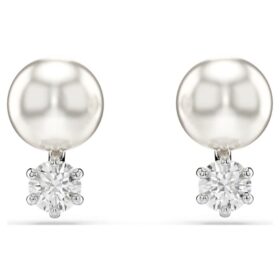 Cercei cu știft Matrix Crystal Pearl, tăietură rotundă, albi, placat cu rodiu