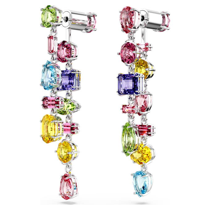Cercei Gema cu design asimetric, tăieturi mixte, lungi, multicolori, placati cu rodiu Cercei Gema cu design asimetric, tăieturi mixte, lungi, multicolori, placati cu rodiu