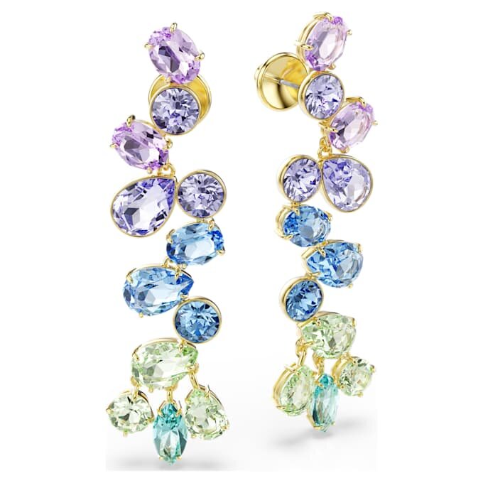 Cercei Gema Drop cu tăieturi mixte, tip candelabru, lungi, multicolori, placati cu ton auriu Cercei Gema Drop cu tăieturi mixte, tip candelabru, lungi, multicolori, placati cu ton auriu