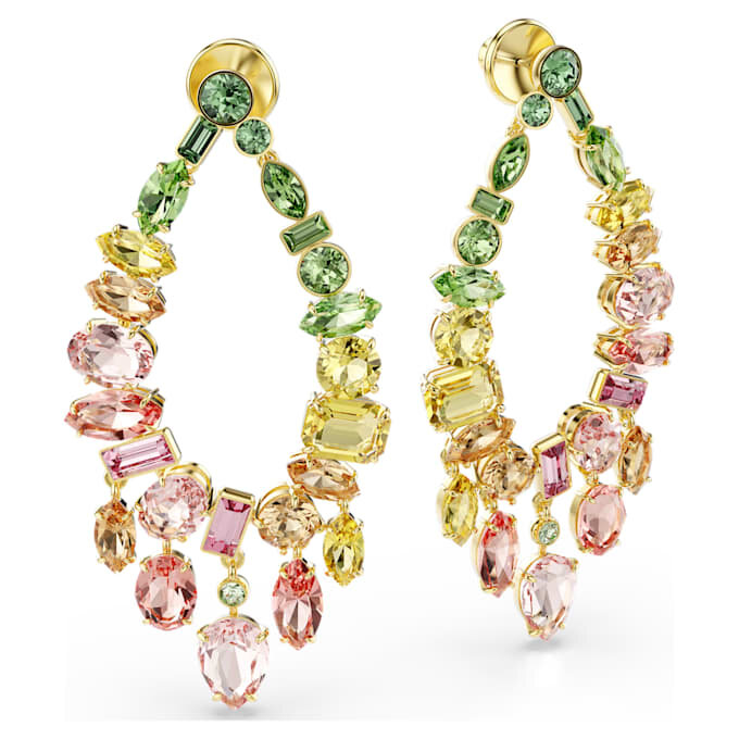 Cercei Gema Drop cu tăieturi mixte, tip candelabru, multicolori, placati cu ton auriu Cercei Gema Drop cu tăieturi mixte, tip candelabru, multicolori, placati cu ton auriu