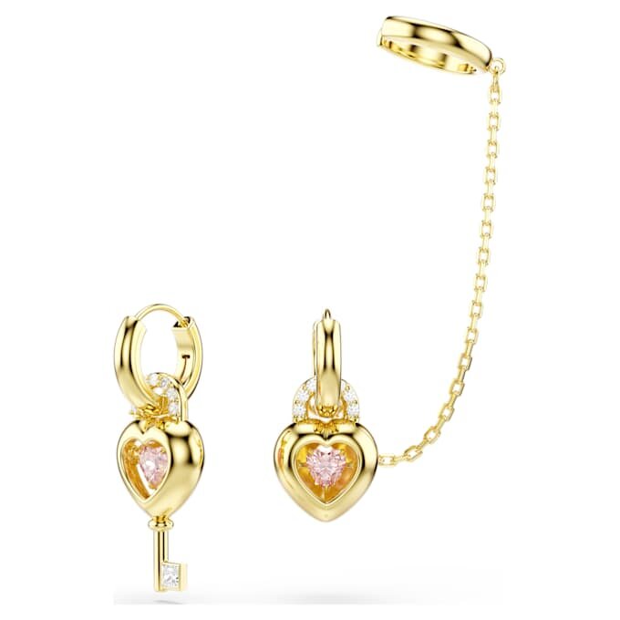 Cercei Idyllia cu pandantiv și cercei de tip „ear cuff”, tăieturi mixte, inimă cu cheie, roz, placare aurie Cercei Idyllia cu pandantiv și cercei de tip „ear cuff”, tăieturi mixte, inimă cu cheie, roz, placare aurie