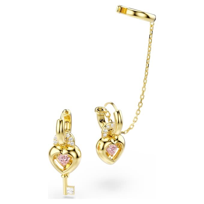 Cercei Idyllia cu pandantiv și cercei de tip „ear cuff”, tăieturi mixte, inimă cu cheie, roz, placare aurie Cercei Idyllia cu pandantiv și cercei de tip „ear cuff”, tăieturi mixte, inimă cu cheie, roz, placare aurie