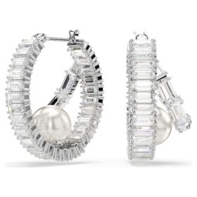 Cercei inelari Ariana Grande X Swarovski cu perle de cristal, tăietură baguette, albi, placati cu rodiu