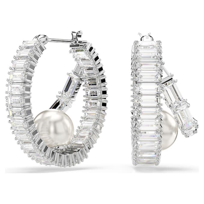 Cercei inelari Ariana Grande X Swarovski cu perle de cristal, tăietură baguette, albi, placati cu rodiu Cercei inelari Ariana Grande X Swarovski cu perle de cristal, tăietură baguette, albi, placati cu rodiu